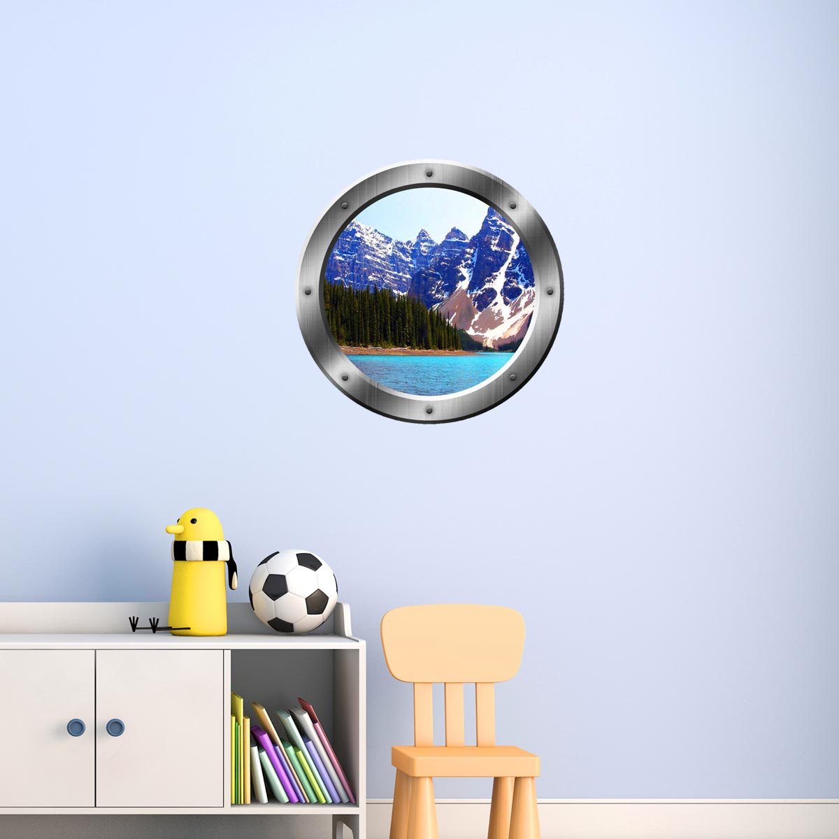 Peel & Stick Snowy Mountain Lake View Silver Porthole Vinyl Wall Decal