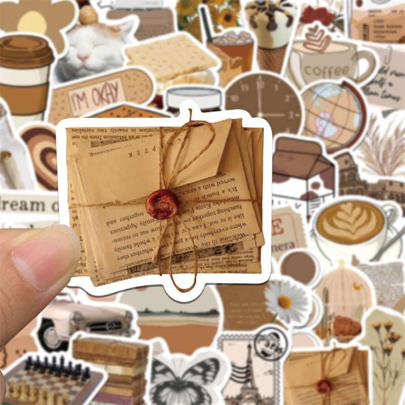 10/30/60 Pieces Vintage Brown Sticker Aesthetic PVC Laptop Sketchbook Childrens Stationery Decoration Scrapbooking School Supplies