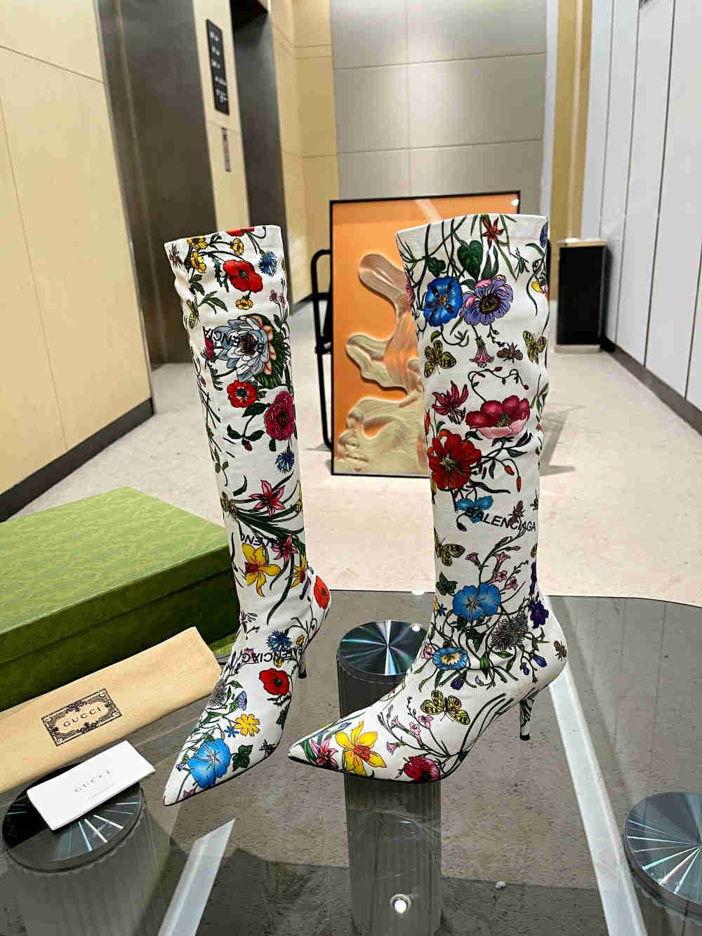 GU vs *BAL Boots High Above Knee with 3 Style Flowers Stretch - 8.5CM Heels