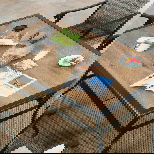 Patio Outdoor 61.5 Rectangular Dining Table with Metal Frame & Wood-Like Tabletop for 6 Person