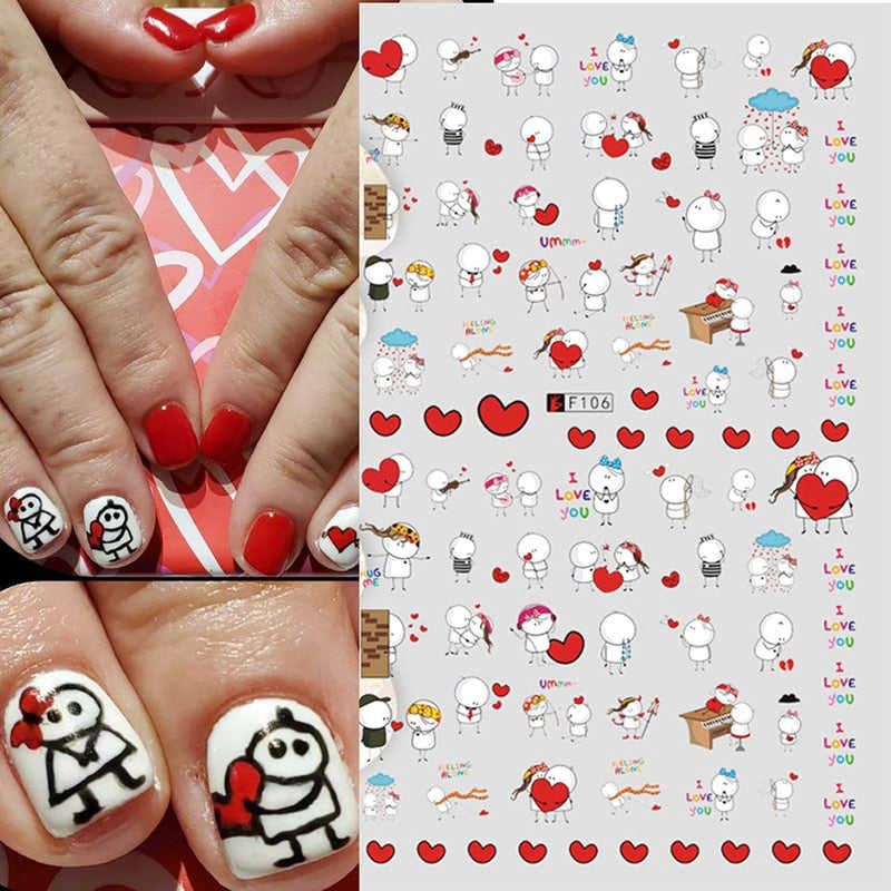 Qfdian Valentines Day 3D Sticker - Adorable Cartoon Lovers Nail Art Decals