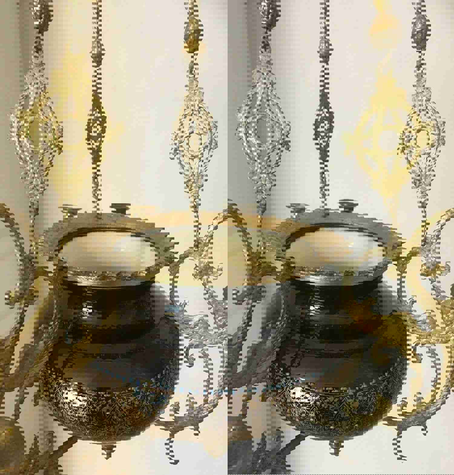 Antique French CHOISY LE ROI Faience Dragon Gothic Castle Chandelier Candles