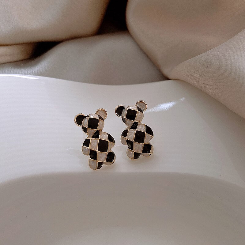 South Korea Design Cute Bear Black and White Dripping Earrings for Women