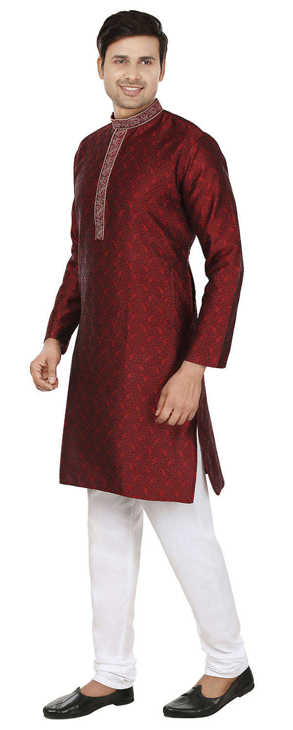 Jacquard Silk Embroidered Mens Kurta Pajama India Clothing (Maroon)