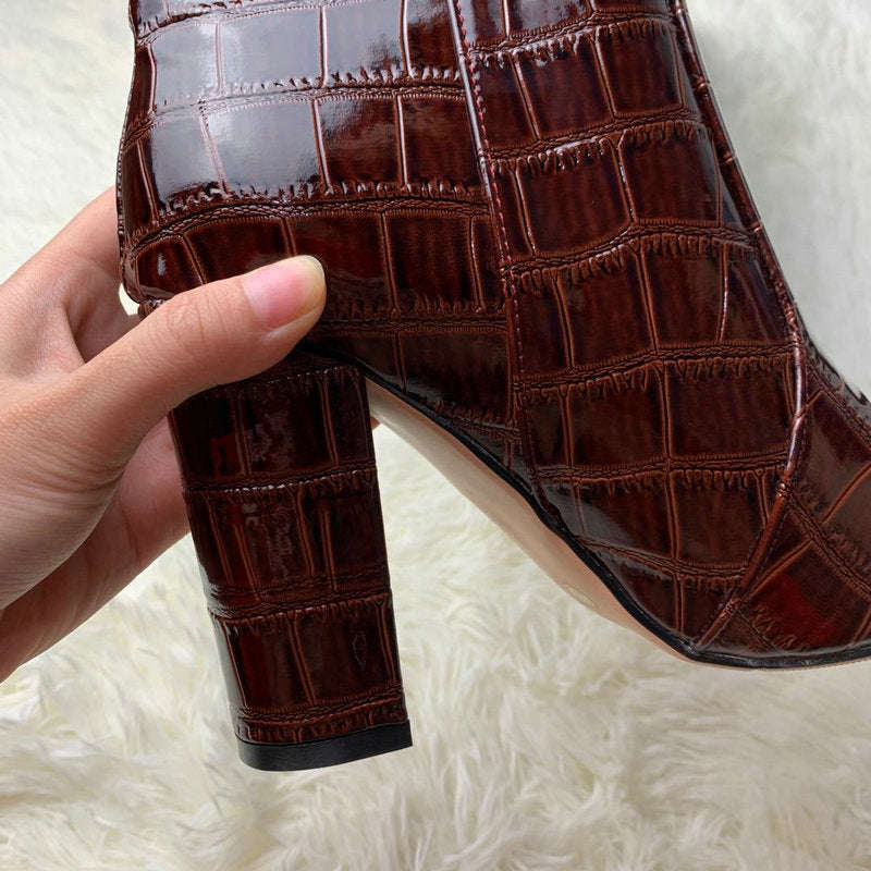 Llyge Women's Fashion Over The Knee Boots in Black, Brown, Wine Red, and White - Patent PU Leather Winter Shoes with Pointed Toe and Square Heel