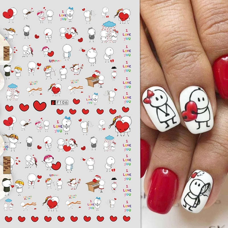 Qfdian Valentines Day 3D Sticker - Adorable Cartoon Lovers Nail Art Decals