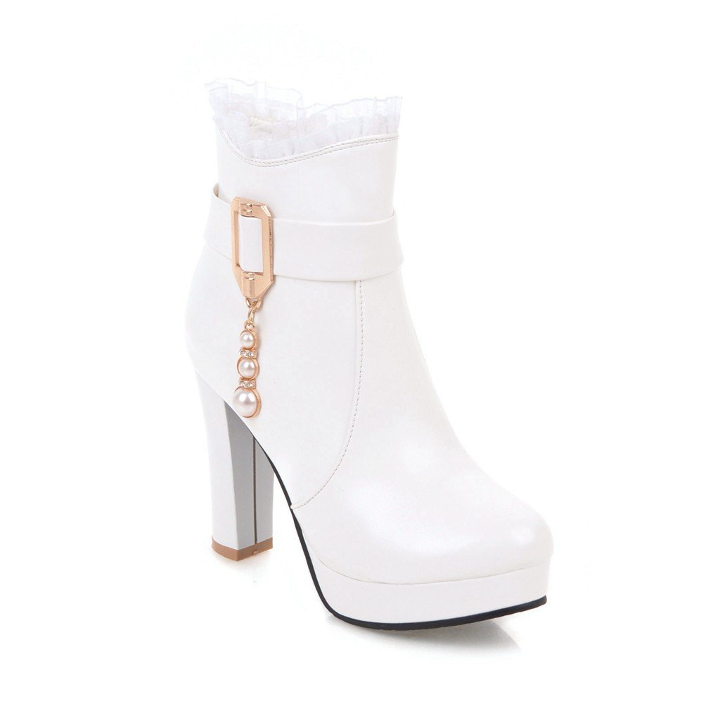 Women's Rhinestone Buckle Strap Lace Flower Platform Chunky Heel Boots