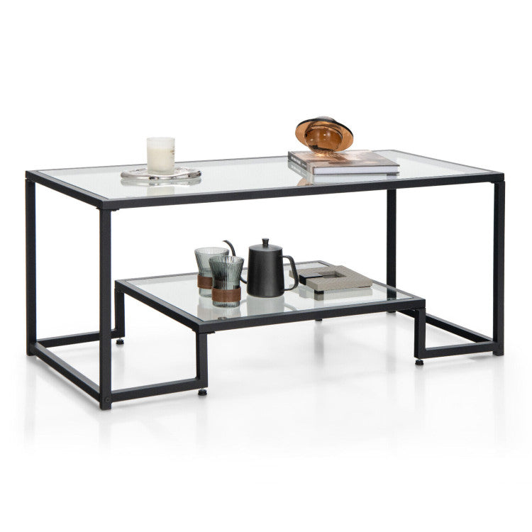 Modern 2-Tier Rectangular Coffee Table with Tempered Glass Top