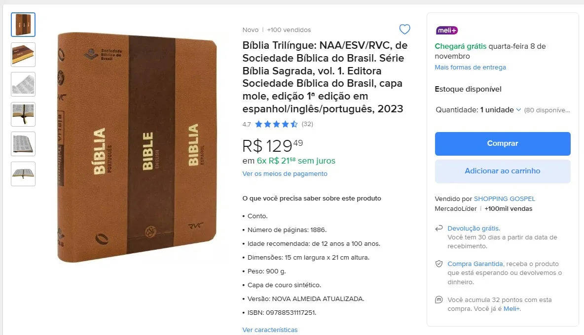 Trilingual Bible: NAA/ESV/RVC by Sociedade Bíblica do Brasil - 11 Units (DDP)