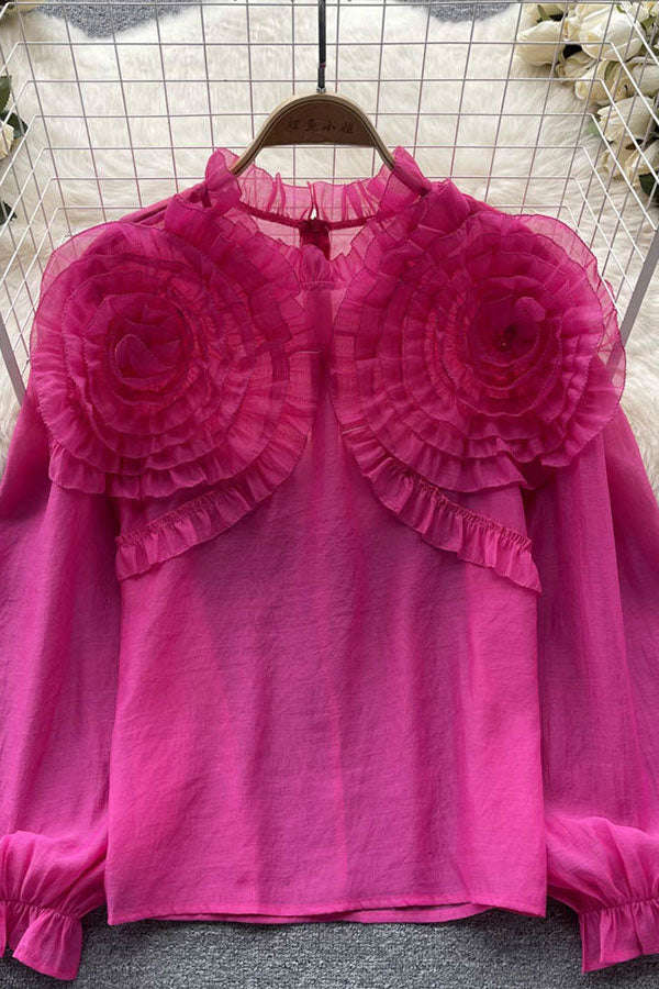 3D Flower Design Urban Lantern Sleeve Blouse