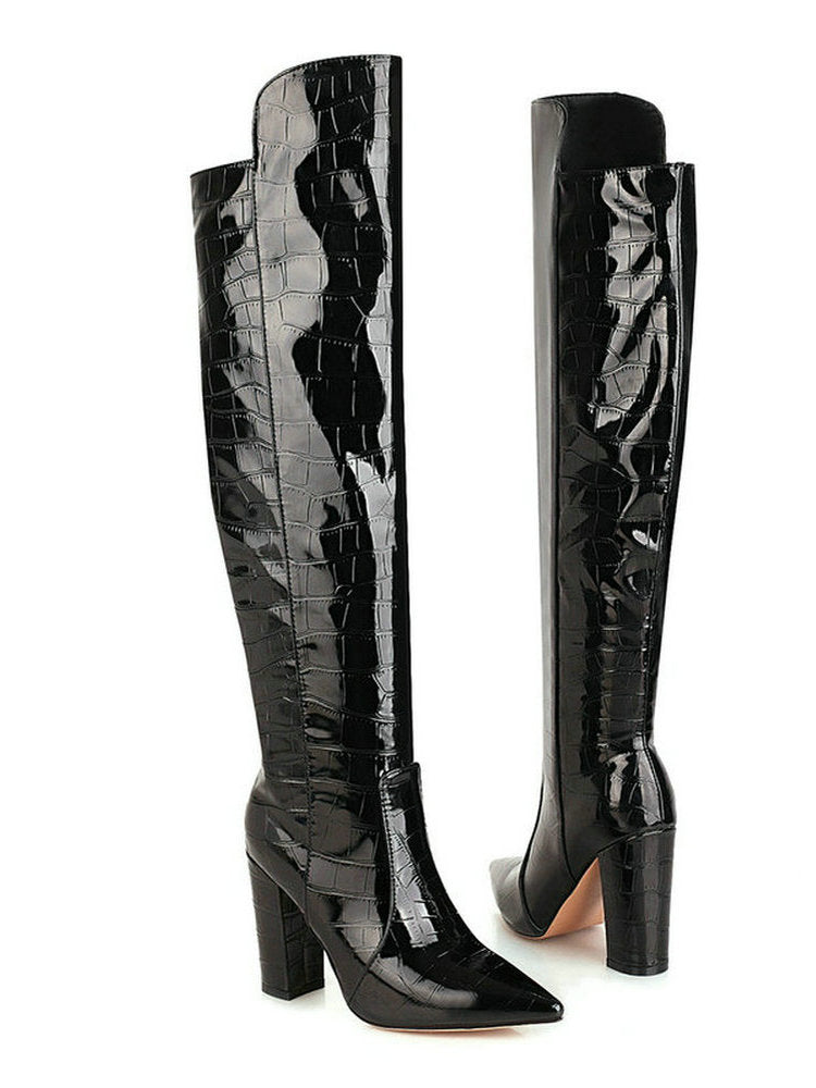 Llyge Women's Fashion Over The Knee Boots in Black, Brown, Wine Red, and White - Patent PU Leather Winter Shoes with Pointed Toe and Square Heel