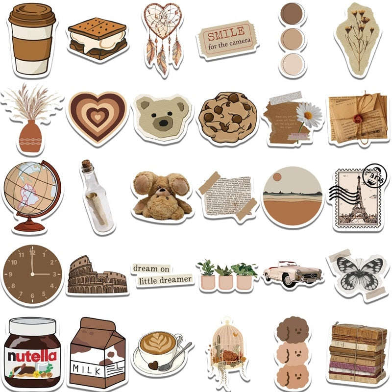 10/30/60 Pieces Vintage Brown Sticker Aesthetic PVC Laptop Sketchbook Childrens Stationery Decoration Scrapbooking School Supplies