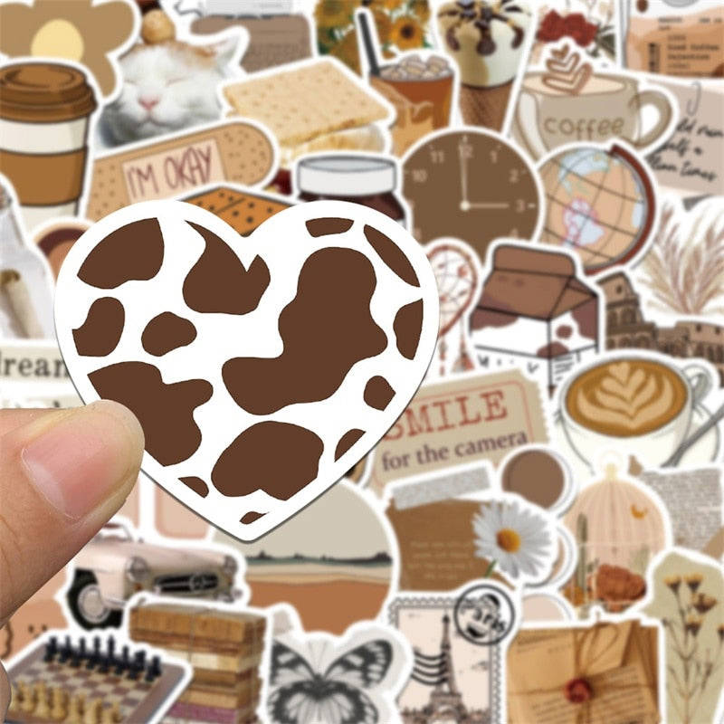 10/30/60 Pieces Vintage Brown Sticker Aesthetic PVC Laptop Sketchbook Childrens Stationery Decoration Scrapbooking School Supplies