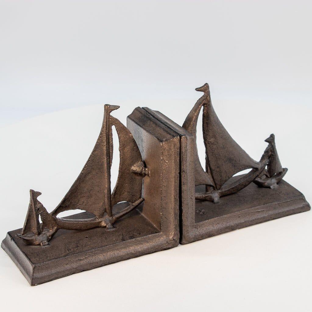 Sailboat Tows Dinghy Nautical Bookends Figurine - Metal Cast Iron Pair