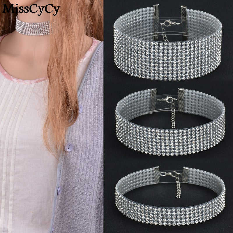 MissCyCy Elegant Wide Crystal Rhinestone Choker Necklace for Women