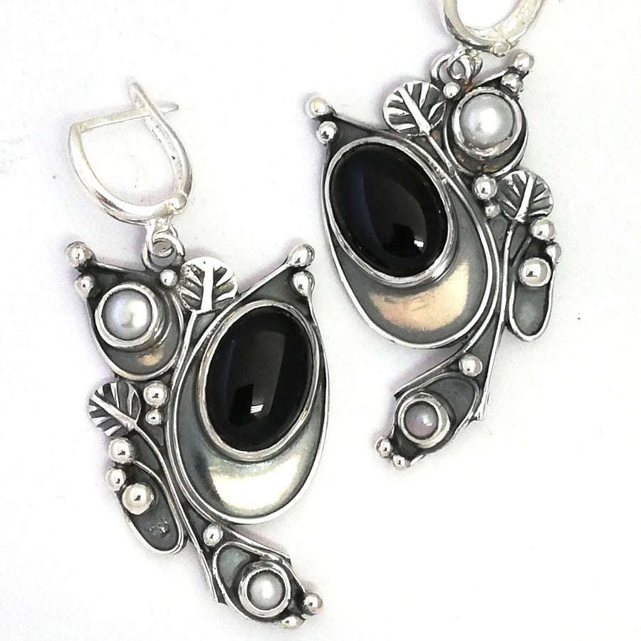 Elegant Silver 950 Jewelry Set with Pearls and Onyx - Perfect Christmas Gift for Women
