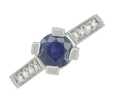 Art Deco 1 Carat Blue Sapphire Engraved Castle Engagement Ring in Platinum