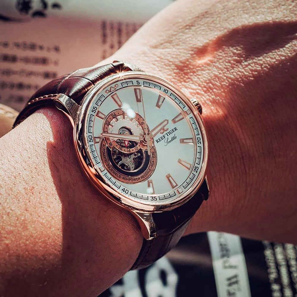 Reef Tiger Automatic Tourbillon Luxury Watch for Men - Stainless Steel Case & Sapphire Crystal