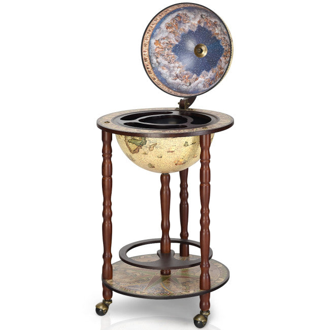 17 Inch Italian Style Solid Wood Globe Liquor Bottle Wine Rack with Wheels