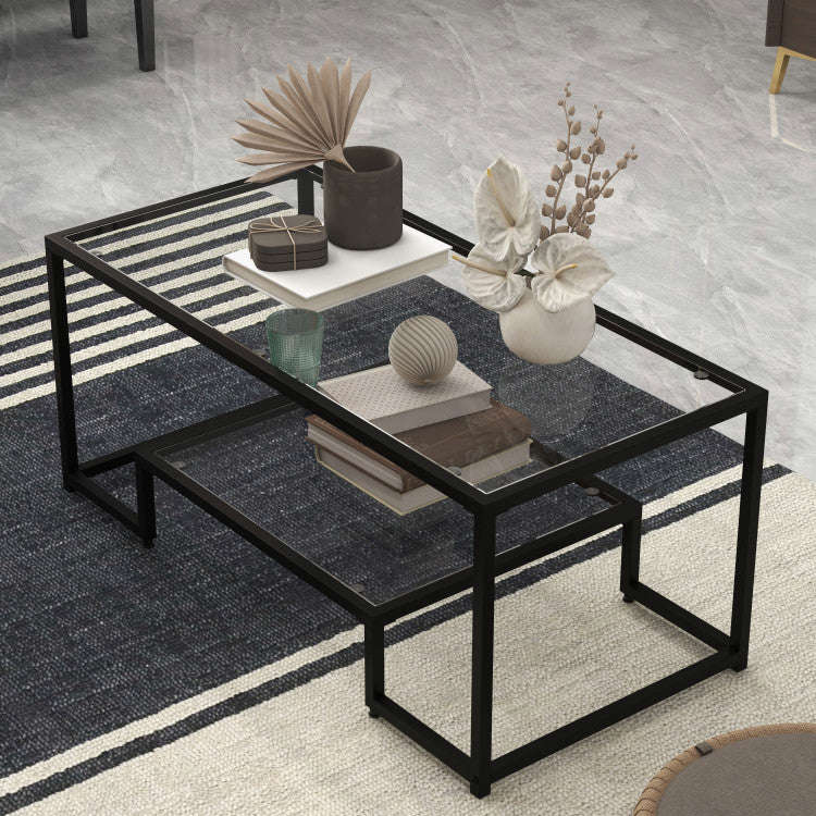 Modern 2-Tier Rectangular Coffee Table with Tempered Glass Top