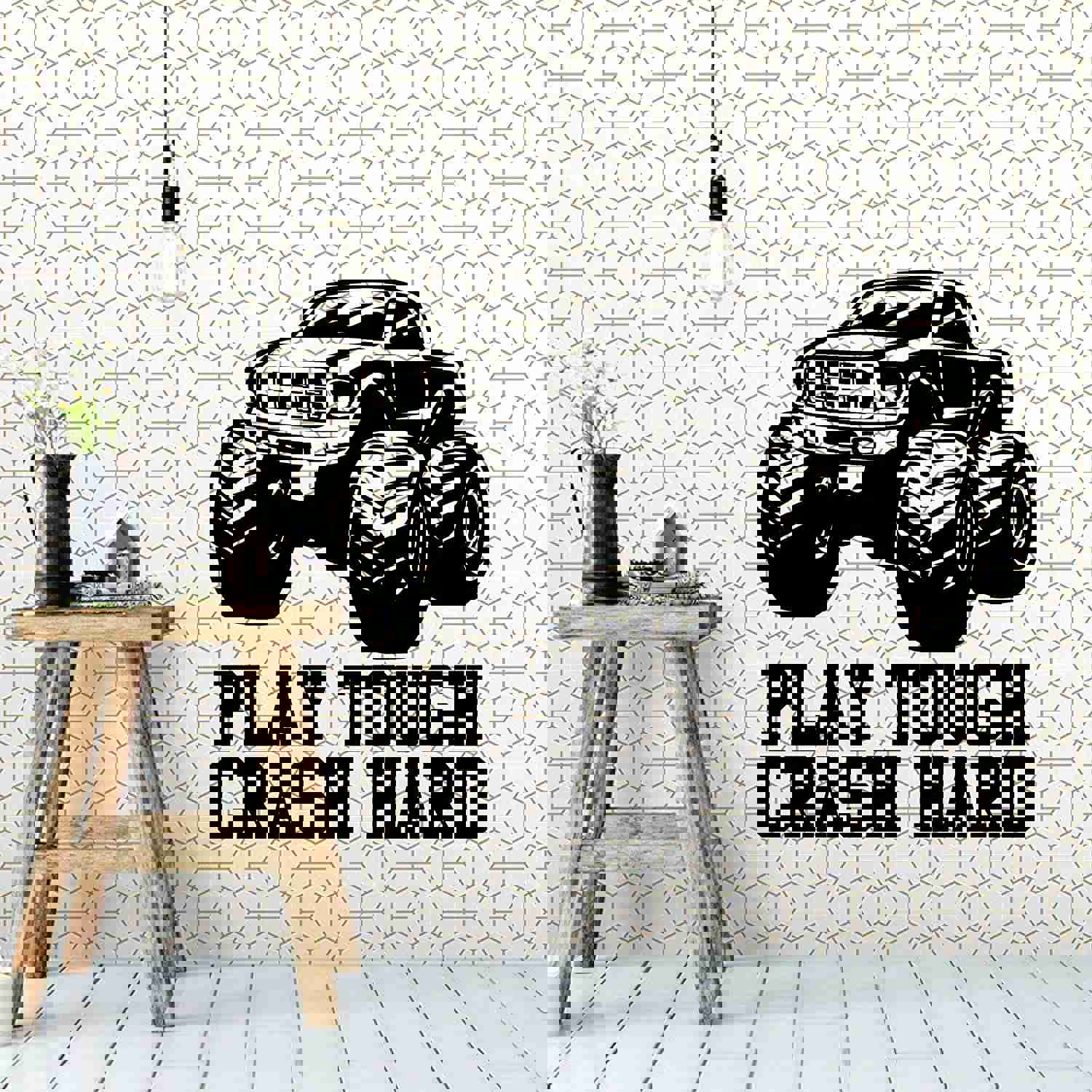 Trucks Vinyl Wall Sticker Wall Decal - Play Tough Crash Hard Monster Truck Quotes Toy Car