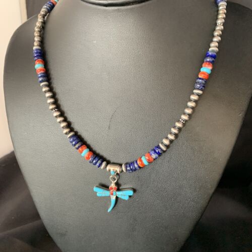 Dragonfly Sterling Silver Turquoise Coral Inlay Multi-Color Pendant
