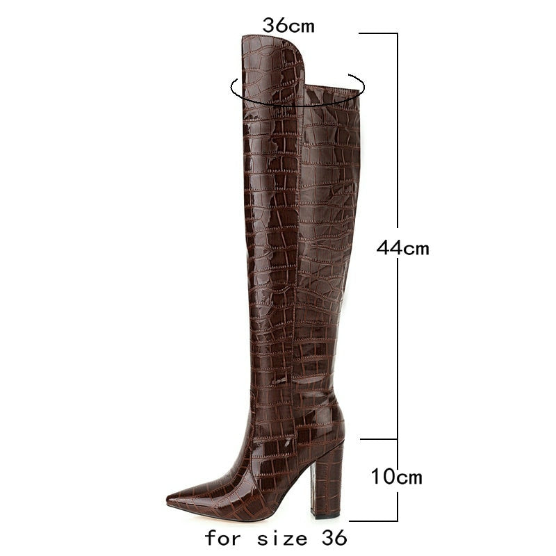 Llyge Women's Fashion Over The Knee Boots in Black, Brown, Wine Red, and White - Patent PU Leather Winter Shoes with Pointed Toe and Square Heel