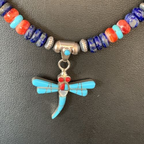 Dragonfly Sterling Silver Turquoise Coral Inlay Multi-Color Pendant