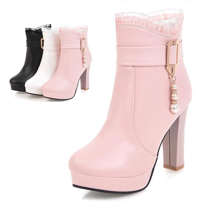 Women's Rhinestone Buckle Strap Lace Flower Platform Chunky Heel Boots