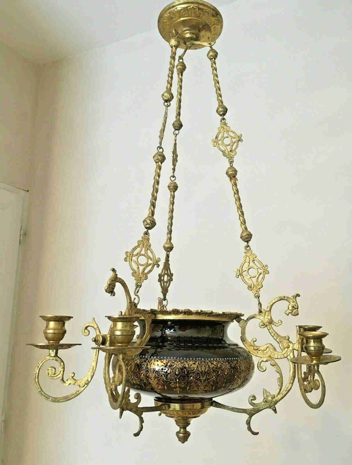Antique French CHOISY LE ROI Faience Dragon Gothic Castle Chandelier Candles