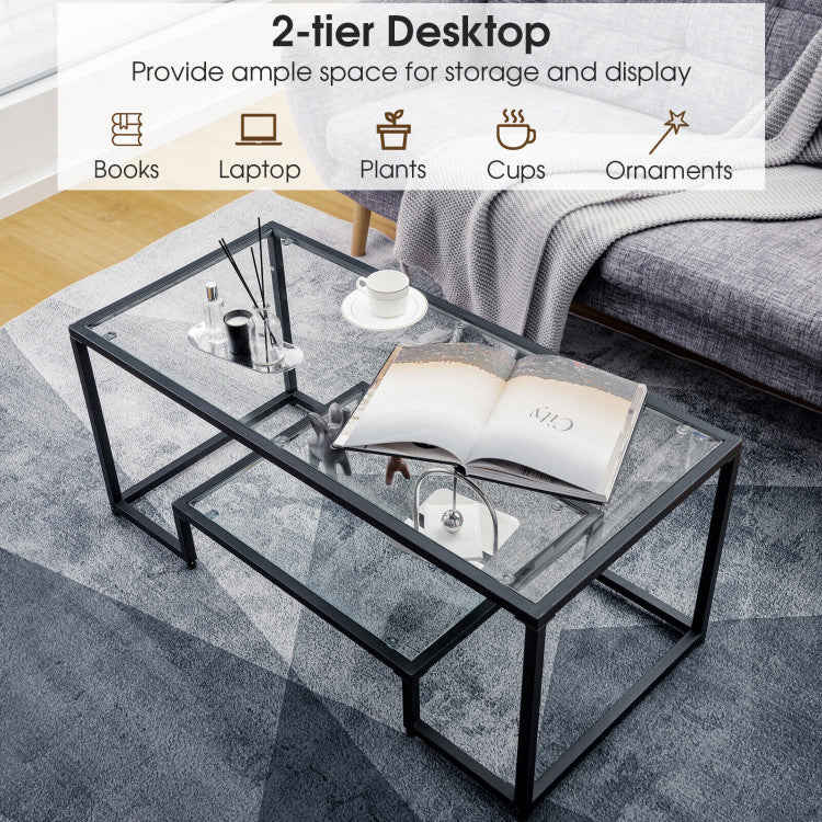 Modern 2-Tier Rectangular Coffee Table with Tempered Glass Top