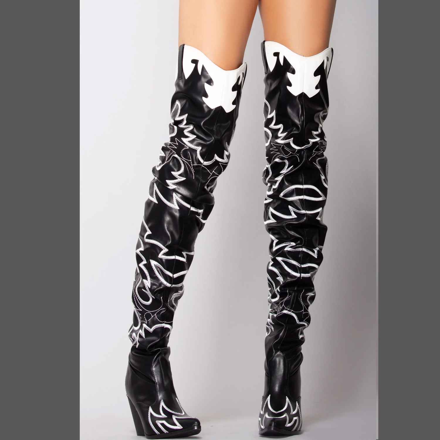 Kelsey 21 Rock Star Black & White Western Slouch OTK Thigh High Cowboy Boots