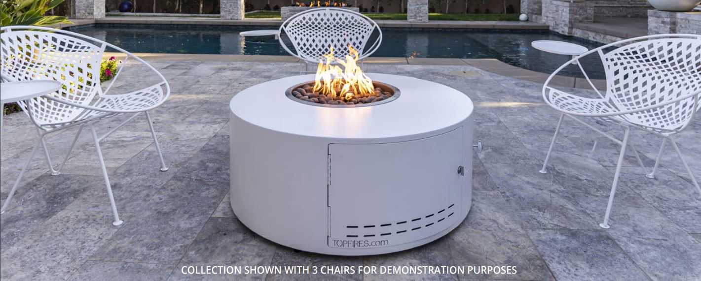 The Outdoor Plus - Isla 60 Silver Vein Powder Coated Metal Liquid Propane Fire Pit with 110V Electronic Ignition & Gravity Lounge Chair