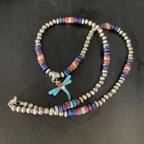 Dragonfly Sterling Silver Turquoise Coral Inlay Multi-Color Pendant