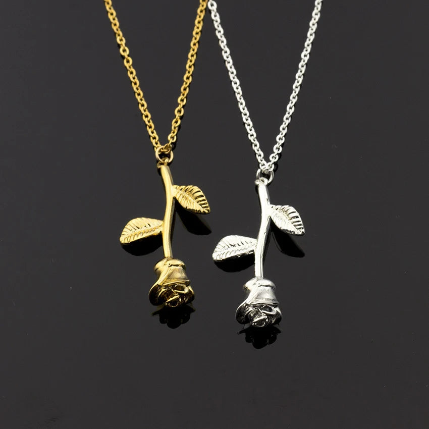 Rose Flower Pendant Necklace - Stainless Steel Long Chain with Pink Rose for Women