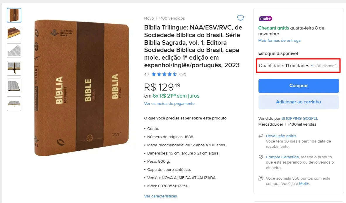 Trilingual Bible: NAA/ESV/RVC by Sociedade Bíblica do Brasil - 11 Units (DDP)