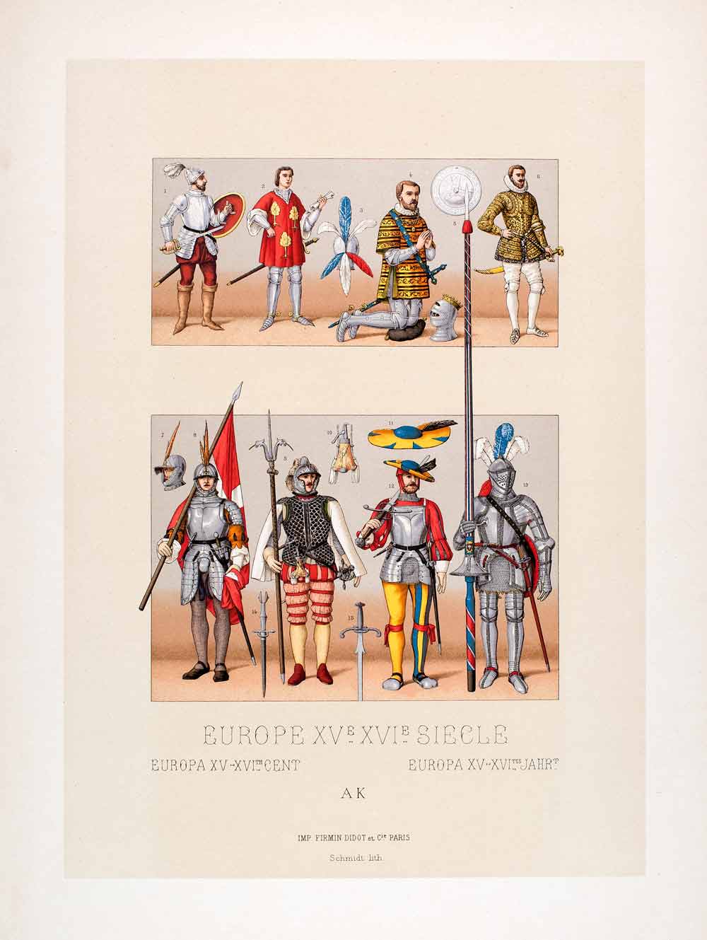 1888 Chromolithograph France Military Uniform Armor Clothing 15th Century LCH3