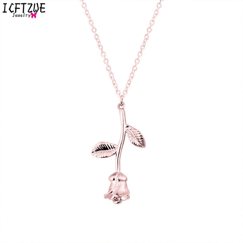 Rose Flower Pendant Necklace - Stainless Steel Long Chain with Pink Rose for Women