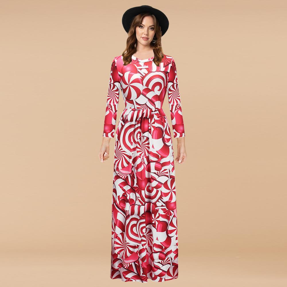 Fashion Red Candies Printing Long Sleeve Christmas Maxi Dress for Women