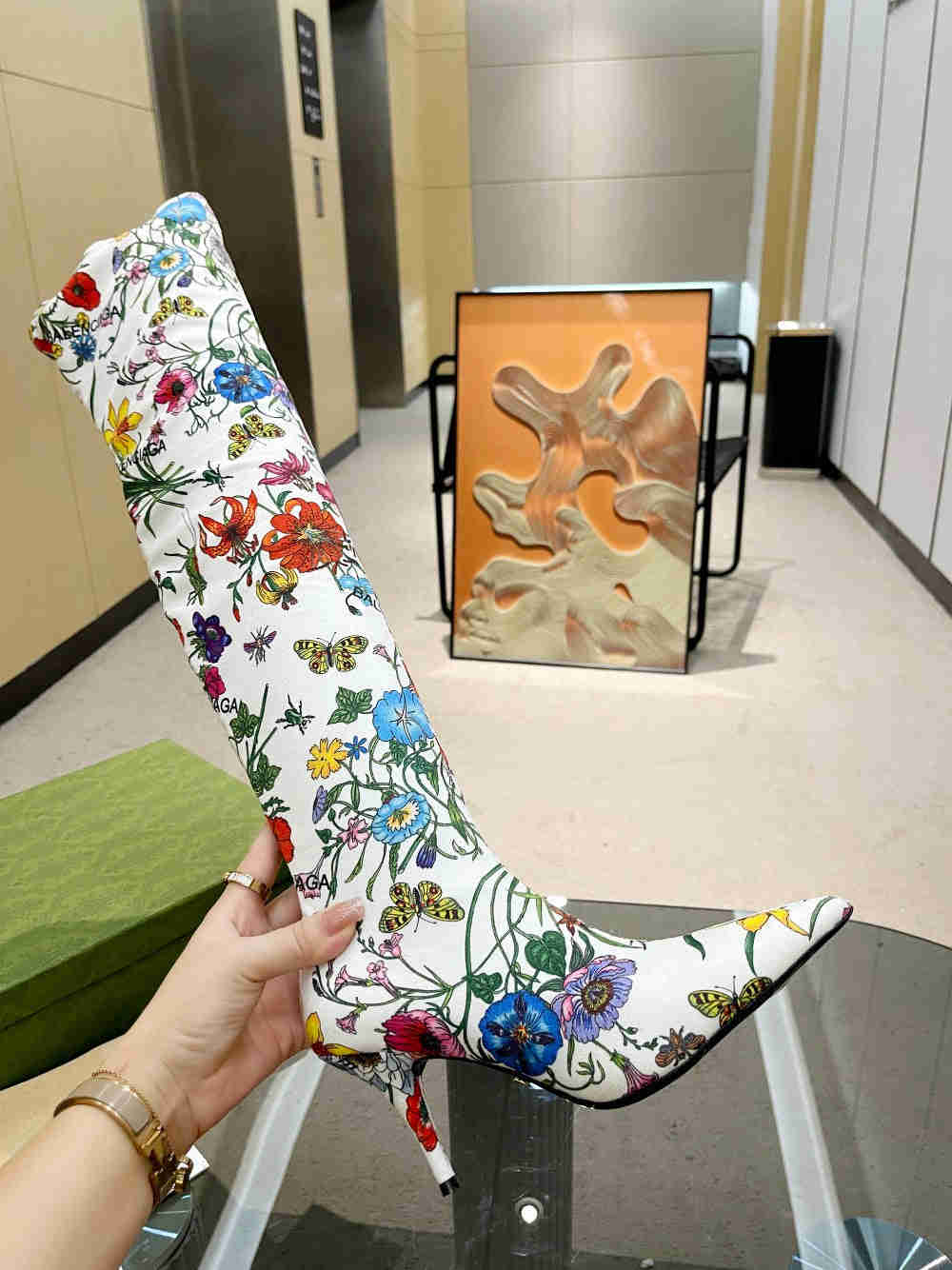 GU vs *BAL Boots High Above Knee with 3 Style Flowers Stretch - 8.5CM Heels