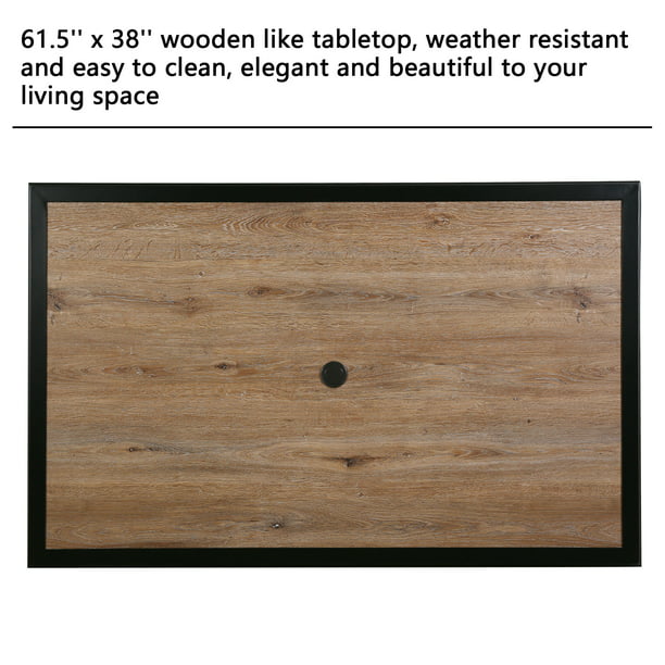 Patio Outdoor 61.5 Rectangular Dining Table with Metal Frame & Wood-Like Tabletop for 6 Person