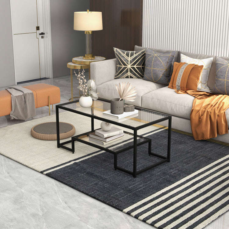 Modern 2-Tier Rectangular Coffee Table with Tempered Glass Top
