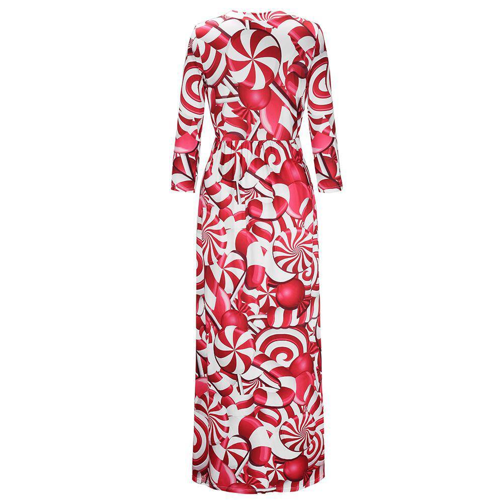 Fashion Red Candies Printing Long Sleeve Christmas Maxi Dress for Women