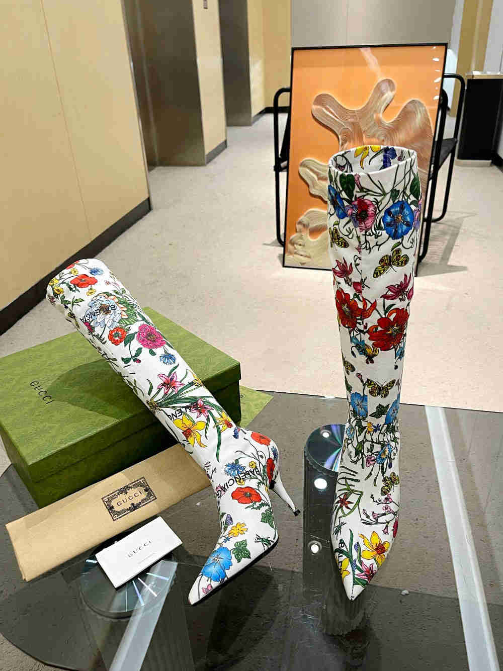 GU vs *BAL Boots High Above Knee with 3 Style Flowers Stretch - 8.5CM Heels