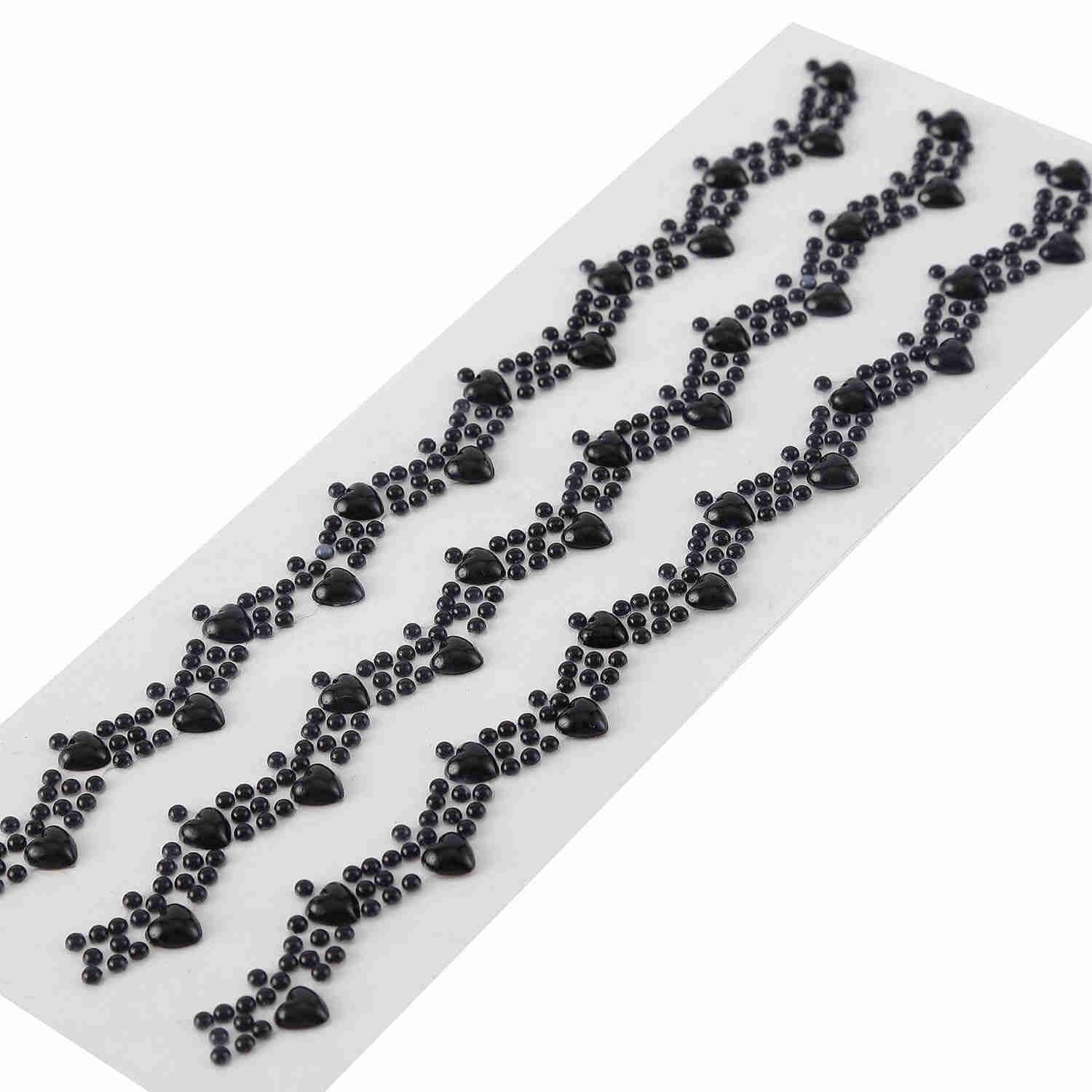 Black Self Adhesive Craft Rhinestone Trim Strips with Heart Pearl Embellishment