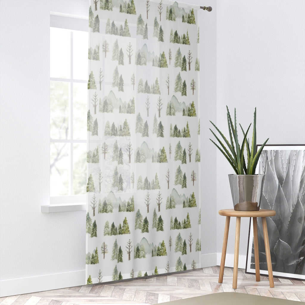 Mountains and Trees Sheer Curtain Single Panel - Wild Green for Nursery and Kids Room