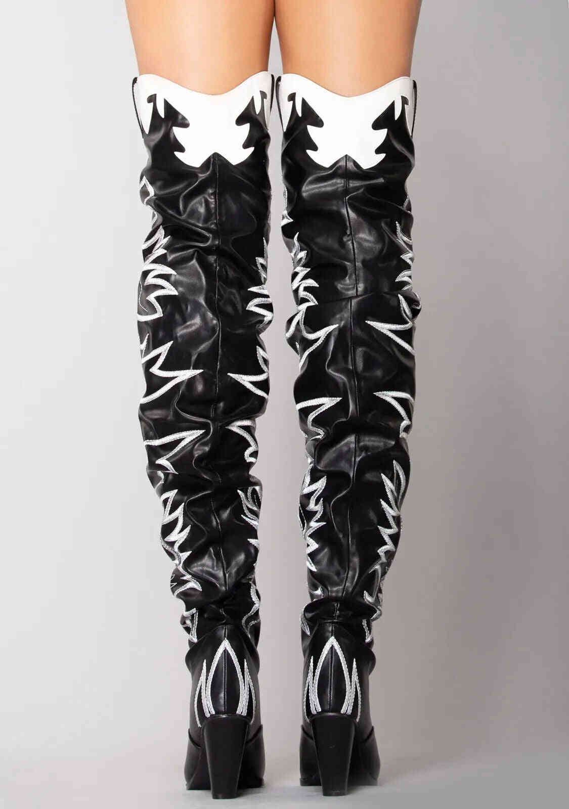 Kelsey 21 Rock Star Black & White Western Slouch OTK Thigh High Cowboy Boots