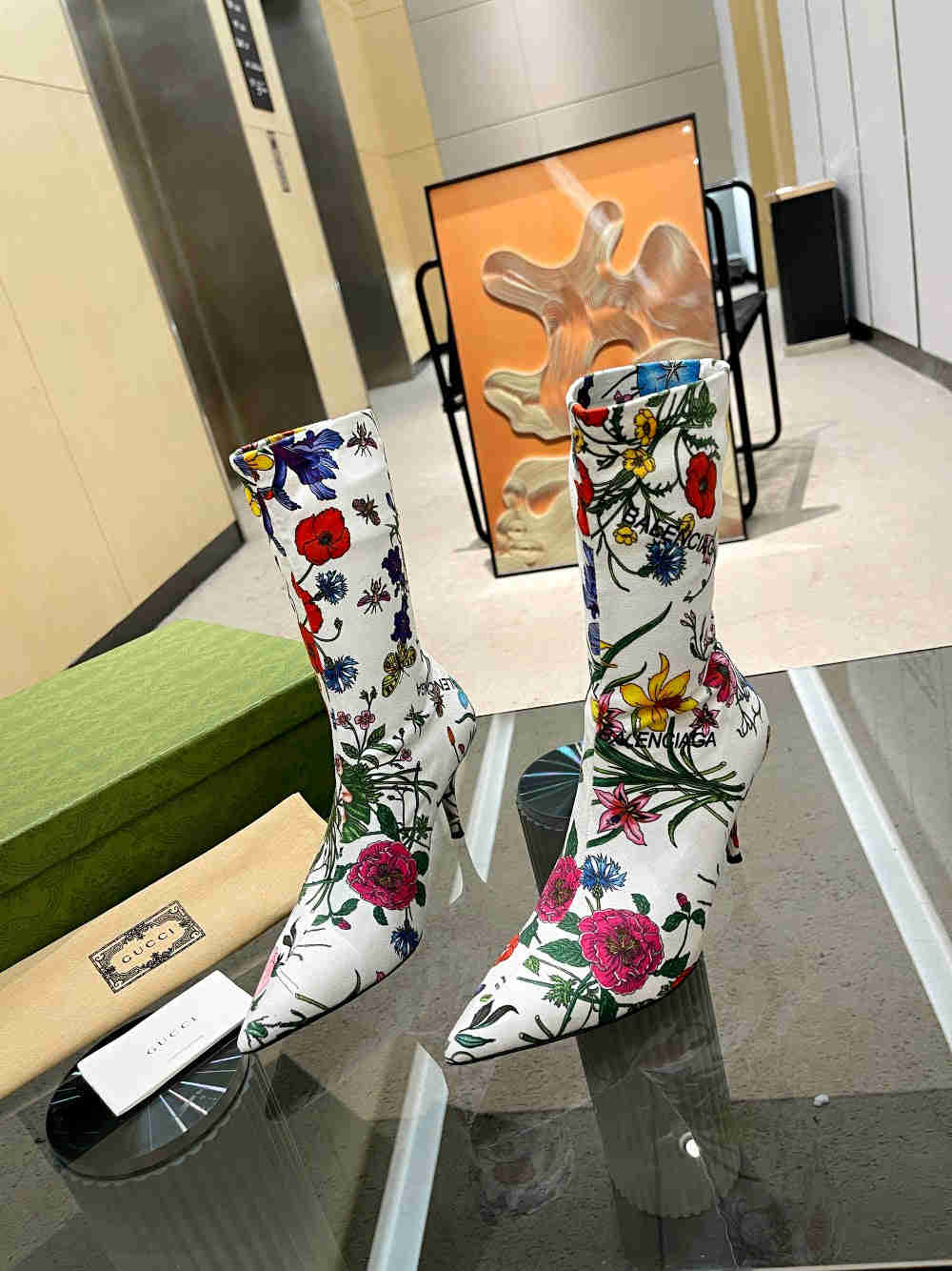 GU vs *BAL Boots High Above Knee with 3 Style Flowers Stretch - 8.5CM Heels