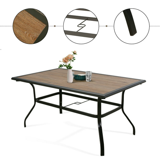 Patio Outdoor 61.5 Rectangular Dining Table with Metal Frame & Wood-Like Tabletop for 6 Person