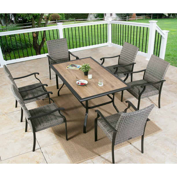 Patio Outdoor 61.5 Rectangular Dining Table with Metal Frame & Wood-Like Tabletop for 6 Person